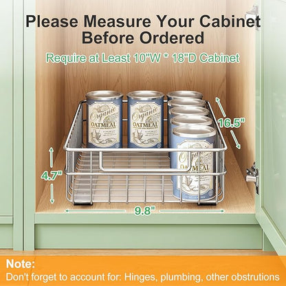 Pull out Cabinet Organizer, Stainless Steel 1-Pack (9.8"W x 16.5"D) Full-Extension Slide out Drawer, Adhesive Roll out Can Spice Storage Basket Shelf Rack for Pantry, Kitchen, Bathroom, Home Closet