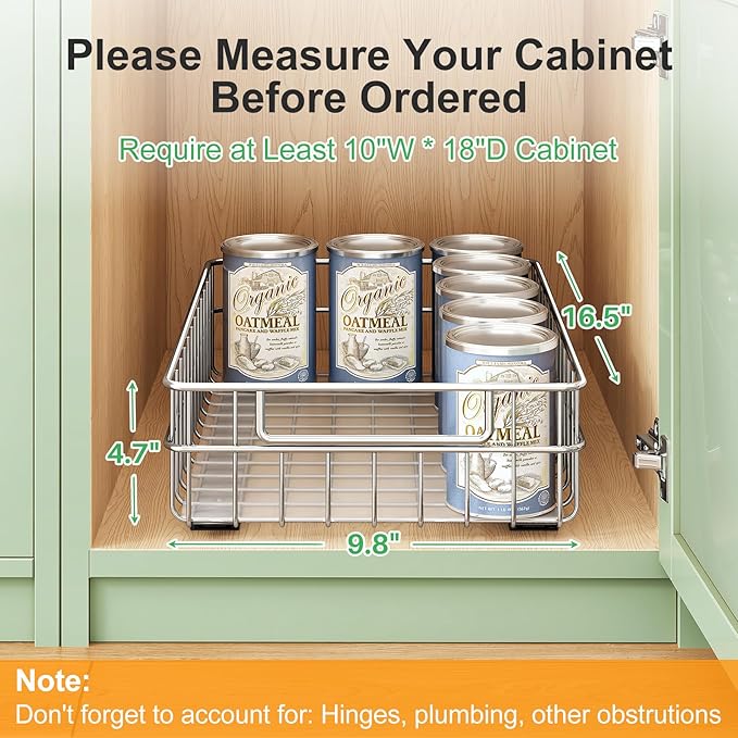 Pull out Cabinet Organizer, Stainless Steel 4-Pack (9.8"W x 16.5"D) Full-Extension Slide out Drawer, Adhesive Roll out Can Spice Storage Basket Shelf Rack for Pantry, Kitchen, Bathroom, Home Closet