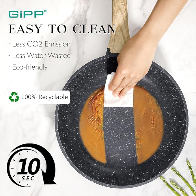 GiPP Non Stick Frying Pan Set - 9.5" 10.2" 11" Ceramic Nonstick Skillets, Non Toxic, Omelette Pan with Stay Cool Handle, Induction Compatible, PFAS/PTFE/PFOA Free, Gray
