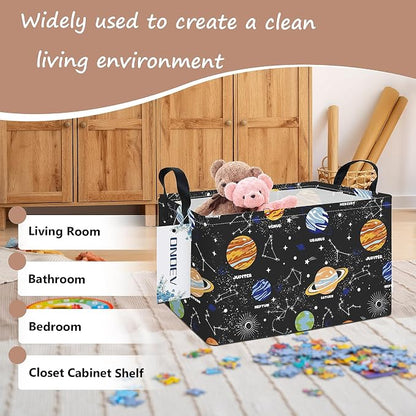 Rectangular Space Planet Pattern Storage Bin, Decorative Canvas Laundry Basket with Dual Handles, Foldable Household Toy Organizer, Multipurpose Party Gift Basket for Bedroom Dorm