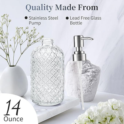 14 Oz Refillable Glass Soap Dispenser with Rust Proof Stainless Steel Pump, for Dispense Hand soap, Body wash, Lotion