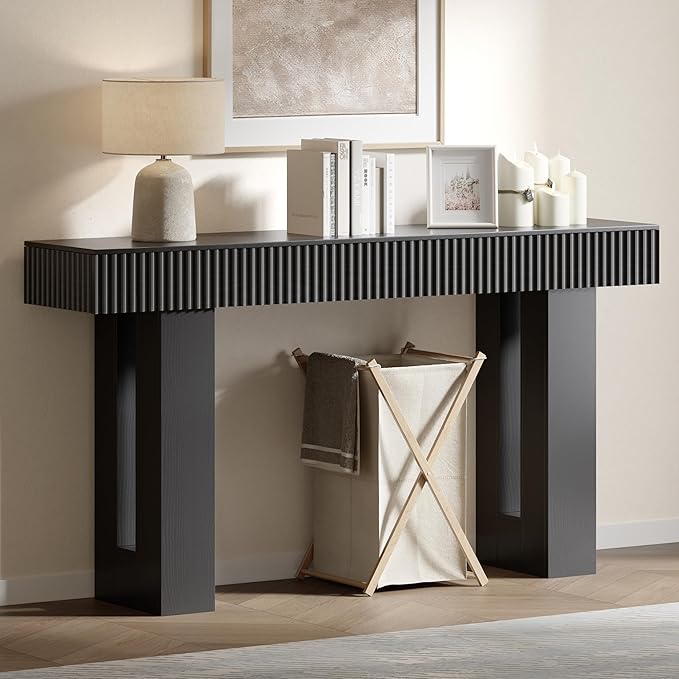 63-Inch Long Entryway Console Table with a Fluted Design, Thick Wood Farmhouse Sofa Table Behind Couch, Narrow Hallway Accent Table for Living Room, Foyer, Entrance, Modern Black