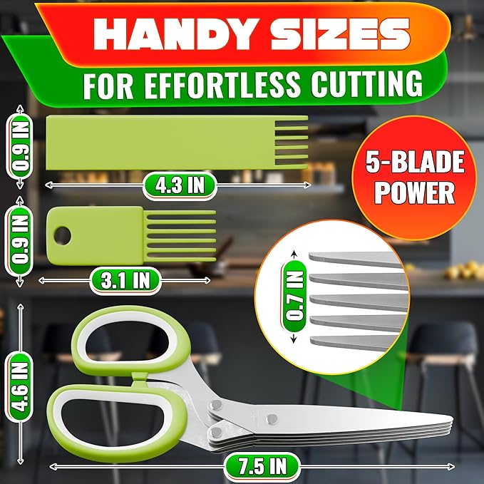 Herb Scissors with 5 Blades and Cover - Mince Fresh Cilantro, Parsley, Scallion, Chives & Dill in Seconds for Salad, Pasta, Tacos & Daily Meal Prep - Stainless Steel Herb Cutter with Cleaning Brush
