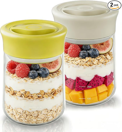 Overnight Oats Containers with Lids, 2 Pack 17oz Glass Jars with Airtight Lids, Wide Mouth Mason Jars, Food Coffee Bean Storage Containers for Yogurt, Chia Pudding, Snack, Salad(Yellow+Beige)