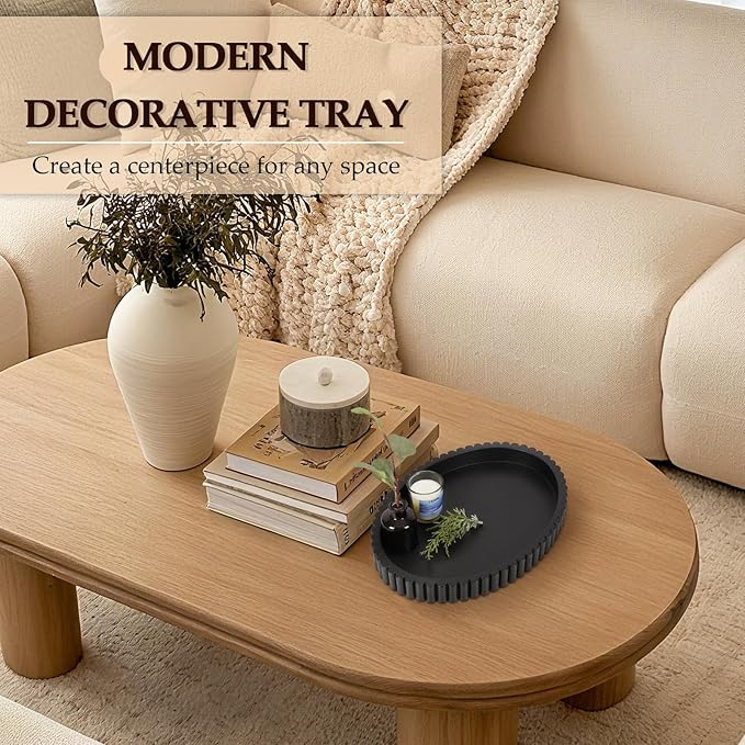 Oval Tray for Coffee Table Decor, 15" Concrete Tray, Table Centerpieces Decorative Trays for Home Decor, Modern Decorative Trays for Coffee Tables, Centerpiece Trays, Black