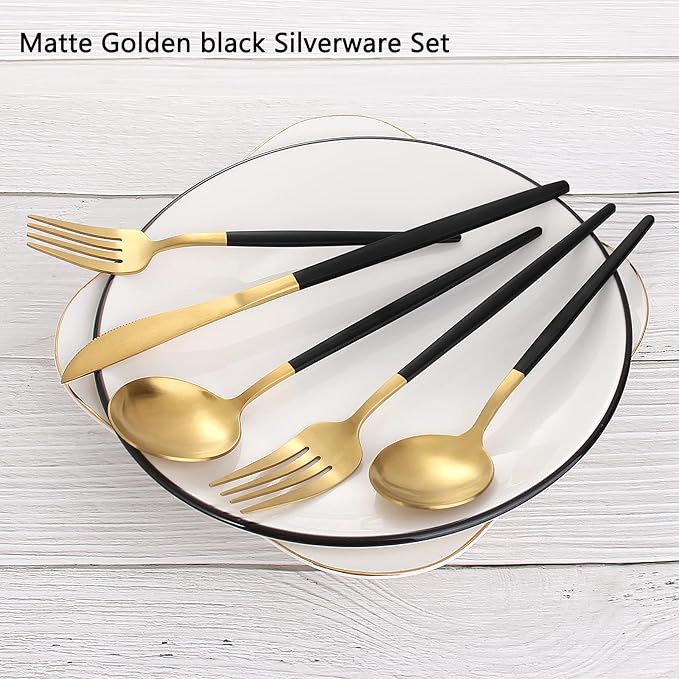 VANVRO Matte Black Gold Silverware Set, 40-Piece Stainless Steel Flatware Set, Satin Finish tableware Cutlery Set, Service for 8, Home and Restaurant, Dishwasher Safe…