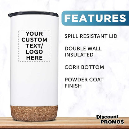 DISCOUNT PROMOS Custom Tumblers Cork Bottom 16 oz Set of 10/50/100 Personalized Bulk Pack Double Wall Insulated Matte Finish Iced Coffee Soda - White