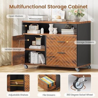 SEDETA 71" Executive Desk with Rolling File Cabinet, Large Office Desk with Drawers, L Shaped Computer Desk with Power Outlets, CPU Stand, Pegboard and Storage Shelves, Rustic Brown