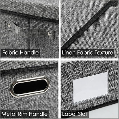 PRANDOM Storage Bins with Lids [3-Pack] Linen Fabric Foldable Storage Boxes Organizer Containers Baskets Cube with Cover for Bedroom Closet Office Grey(23.4X15.9X11.4)