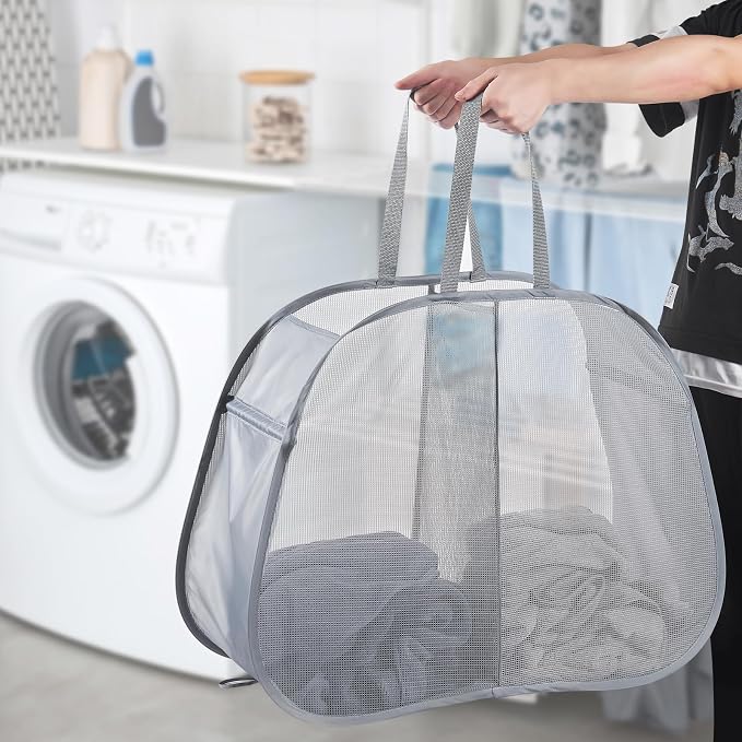 Seiritex Mesh Popup Laundry Hamper 2 Compartment, Collapsible Laundry Sorter Basket Foldable Hamper for Clothes, College Dorm, Travel (Gray)