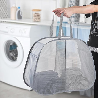 Seiritex Mesh Popup Laundry Hamper 2 Compartment, Collapsible Laundry Sorter Basket Foldable Hamper for Clothes, College Dorm, Travel (Gray)