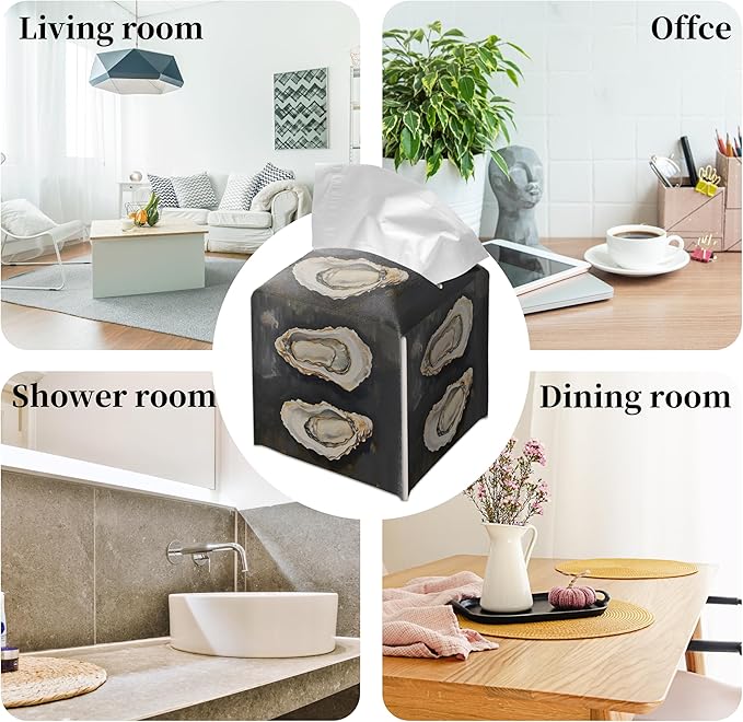 Grace Yonks Modern Tissue Box Cover Square - Painted Oyster Trio Design 5.2" PU Leather Holder for Vanity, Desk, or Bathroom Counter - Cube Case for Facial Tissues. (113)