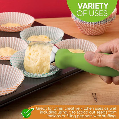 Spring Chef Green Heavy Duty Ice Cream Scoop with Non-Slip Handle - Professional Metal Ice Cream Scooper for Cookie Dough, Frozen Yogurt, Gelato, Sorbet, Melon - Dishwasher Safe Kitchen Tool