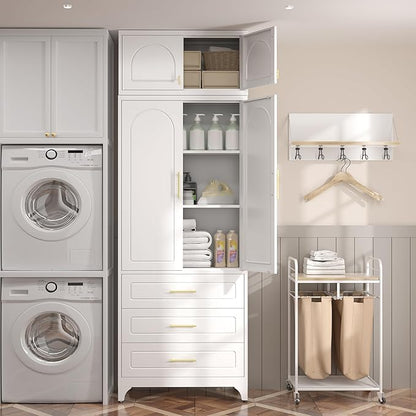 Kitchen Pantry Cabinet，90" Storage Cabinets with Doors and Shelves,Metal Pantry Cabinet with 3 Drawers,White Kitchen Cupboard for Livingroom,Pantry, Bathroom