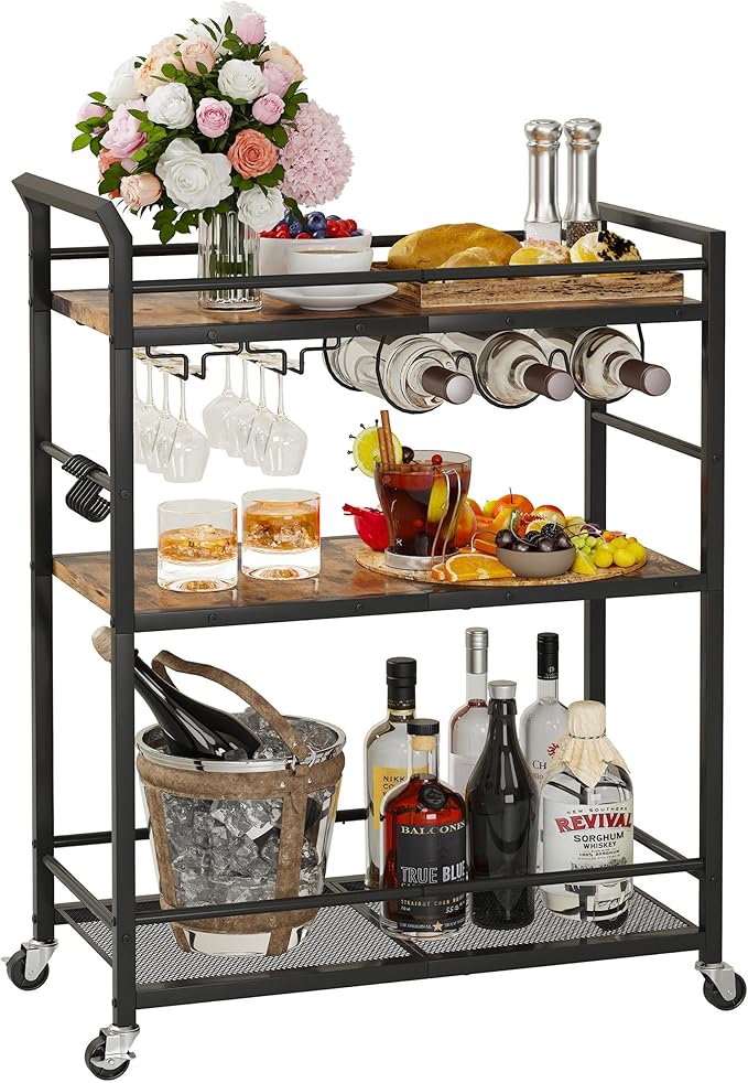3 Tier Bar Cart, Small Beverage Cart, Mini Bar Cart with Wine Rack, Home Bar Serving Cart with Wheels for Kitchen Dining Living Room (Rustic Brown, General)