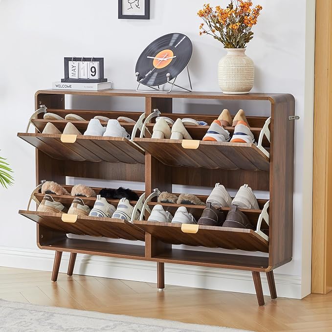 ORRD Shoe Storage Cabinet for Entryway with 4 Flip Drawers, Freestanding Narrow Wood Shoe Cabinet with Wave Panel, Hidden Shoe Organizer for Foyer, Hallway (Walnut)