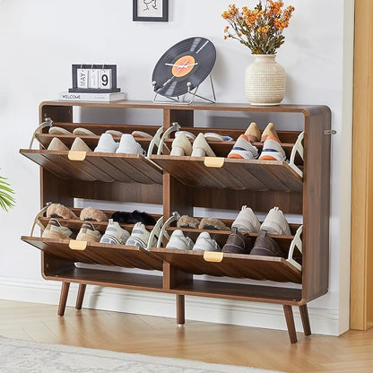 ORRD Shoe Storage Cabinet for Entryway with 4 Flip Drawers, Freestanding Narrow Wood Shoe Cabinet with Wave Panel, Hidden Shoe Organizer for Foyer, Hallway (Walnut)