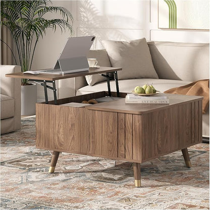 SULIVES Lift Top Coffee Table with Storage,Square Coffee Table with Lifting Top,Modern Center Table with Solid Wood Legs,Small Coffee Tables for Living Room,Walnut
