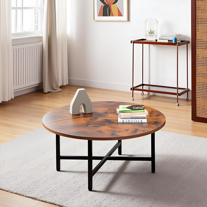 Round Coffee Table, 23.6" Small Coffee Tables for Living Room, Circle Coffee Table with Metal Frame, Floor Table Desk for Sitting on The Floor, Home, Office, Rustic Brown