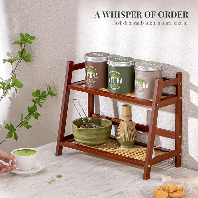 ANBOXIT Rattan-Look Matcha Station Organizer, Countertop Bamboo Tea & Coffee Accessories Station Organizer, 2 Tier Mug Holder Display Stand for Kitchen Condiment, Home, Office - Brown