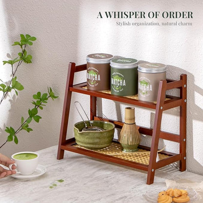 ANBOXIT Rattan-Look Matcha Station Organizer, Countertop Bamboo Tea & Coffee Accessories Station Organizer, 2 Tier Mug Holder Display Stand for Kitchen Condiment, Home, Office - Brown