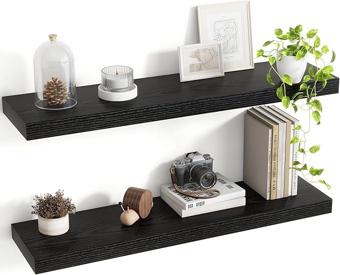 Acovy 30 Inch Floating Shelves, 8 Inch Deep Floating Shelves for Wall, Hanging Shelf with Invisible Brackets, Deep Shelves for Bathroom, Bedroom, Living Room, Black, Set of 2