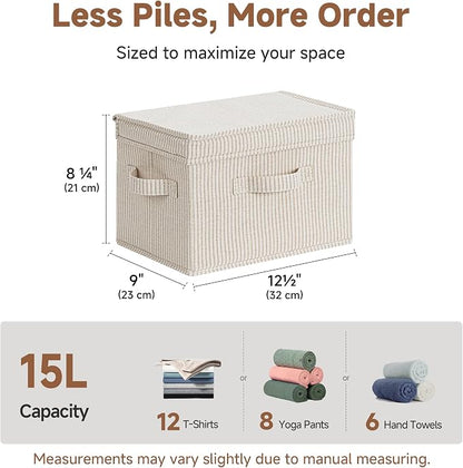 StorageWorks Fabric Storage Bins with Lid, Decorative Storage Boxes for Shelves, Stackable Closet Organizer Basket with Handles, Medium, Khaki and Beige Stripes, 2-Pack