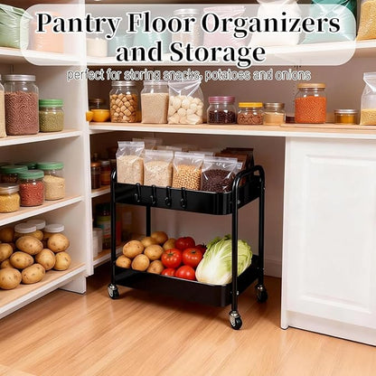 2 Pack Pantry Cart 2 Tier Small Rolling Cart with Wheels for Under Desk Storage, Short Rolling Utility Cart Large Basket Metal Kitchen Shelf with Mesh Laundry Room Organizer Side Table, Black