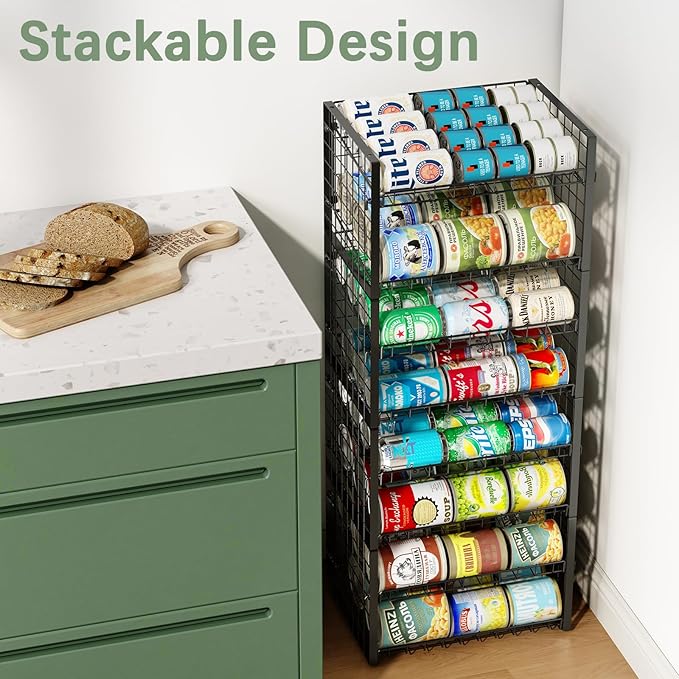 JKsmart 2-Tier Stackable Can Rack Organizer for Pantry, Adjustable Can Dispenser Holds Up to 60 Cans, Can Storage Holder for Various Ounces of Canned Food Soda Drinks, Black, 2 Pack