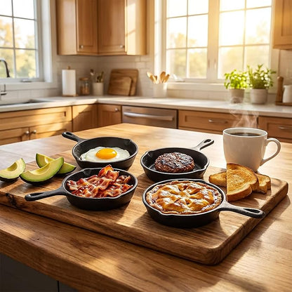Hiceeden 4 Pack Mini Cast Iron Skillet, 4" Small Frying Pans with Double Drip-Spouts for Stove, Oven, Grill Safe, Indoor and Outdoor Use, Non-stick