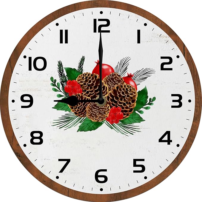 Pinecone Wall Clock 10 Inch Silent Non Ticking Battery Operated Wooden Modern Office Simple Minimalist Clock Decorative for Kitchen Home Bathroom Living Room
