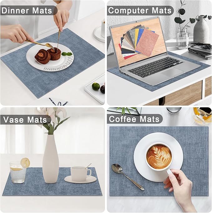 Homaxy Faux Leather Heat Resistant Placemats for Dining Table Set of 4, Waterproof Wipeable Washable PU Table Mats, Easy to Clean Anti-Slip Place Mats, 11.8" x 17", Blue
