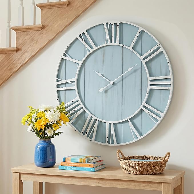 EMAX HOME Large Farmhouse Wall Clock 30 Inch Vintage Blue Wooden Wall Clock with Quiet Ticking and Minimalist Roman Numerals for Bedroom Living Room Office Kitchen Home Decor, Battery Operated