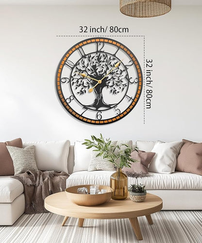 Axioglo Wall Clock,32" Large Wall Clock for Living Room Decor,Tree of Life and Wooden Frame Design,Non-Ticking Battery Operated,for Dining Room,Bedroom,Kitchen,Office Arabic Decoration