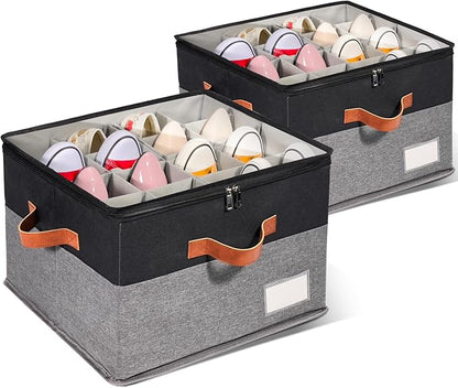 2 Pack Shoe Organizer for Closet, Adjustable Shoe Box Storage Containers, Large Foldable Shoe Bins with Clear Cover, Space Saving Shoes Holder with 4 Handles, Fits 16-32 Pairs, Black