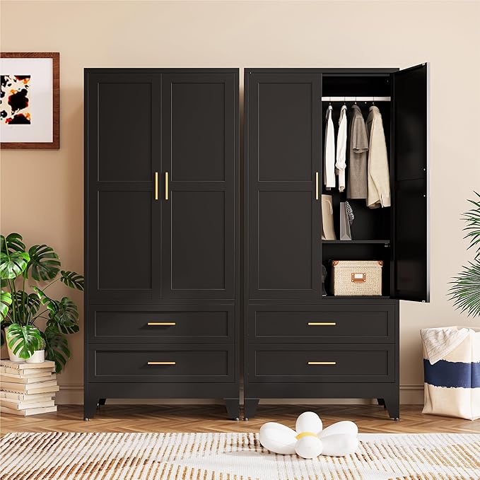 COFaR Black Metal Wardrobe Closet with 2 Drawers, 71" Steel Armoire Cabinet with Hanging Rod & Adjustable Shelf, Modern Freestanding Closet Organizer with Doors