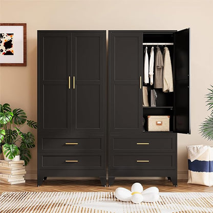 COFaR Black Metal Wardrobe Closet with 2 Drawers, 71" Steel Armoire Cabinet with Hanging Rod & Adjustable Shelf, Modern Freestanding Closet Organizer with Doors
