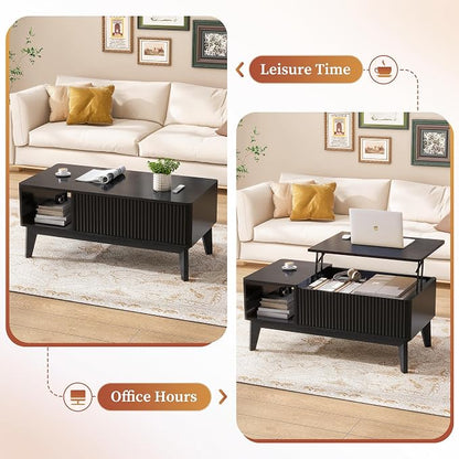 LYNCOHOME Fluted Coffee Table with Hidden Compartment, Wood Lift Top Coffee Tables, Modern Center Table for Living Room, Home Office, Black