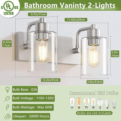 Brushed Nickel Bathroom Light Fixtures, Wall Mounted 2-Light Bathroom Lights Over Mirror with Clear Glass Shade,Wall Sconces for Kitchen Living Room Bedroom