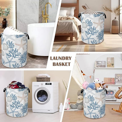 Starfish Seashell Laundry Basket,Coral Collapsible Laundry Baskets with Handles,Waterproof Oxford Cloth Storage Basket 16"x20" for Bathroom/Bedroom/Dormitories