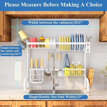 Over The Sink Dish Drying Rack, Adjustable (25.5 to 36.5 inch) 2 Tier Metal Steel Dish Drying Racks for Kitchen Counter with Hooks Paper Towel Utensil Cup Holder Sink Caddy (White)