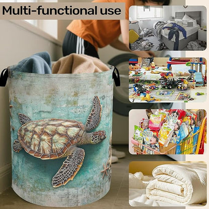 Retro Map Turtle Large Clothes Hamper Bag - Laundry Basket with Handles, Space Saving Foldable Design for Nursery