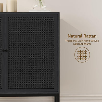 Yechen Set of 2 Full Black Rattan Cabinet, Farmhouse Sideboard Cabinet with Natural Rattan Decorated Doors, Accent Cane Credenza Buffet Console Storage, for Living Room Entryway Kitchen, Metal Legs