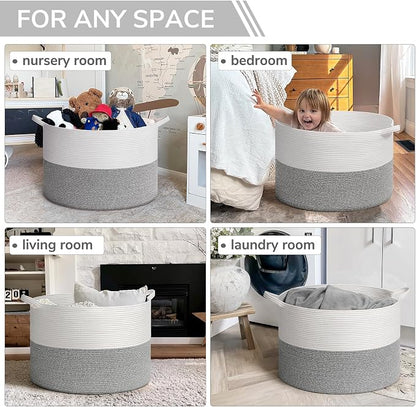 INDRESSME 115L Extra Large Blanket Basket, Soft Cotton Rope Storage Basket for Organizing, Home Decor, Toys, Laundry & Towels, Toy Storage Organizer for Living Room & Nursery, Light Grey