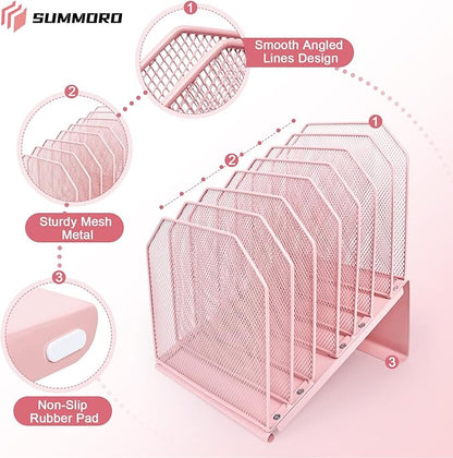 SUMMORO Inclined File Organizer for Desk, 7-Tier Vertical File Folder Holder Office Desk Organizer Metal Rack File Wire Mesh Desktop Document Sorter for Office School Classroom Home (Pink)