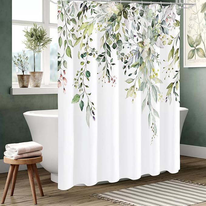 Gibelle Extra Long Shower Curtain 72 x 84, Tall Sage Green Floral Fabric Shower Curtain, Watercolor Plant Eucalyptus Leaves Bathroom Curtains Shower Set