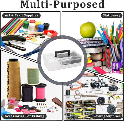 JUXYES 2 Pack Plastic Carry Storage Box with Removable Dividers, Clear Art Craft Supply Storage Bin Sewing Box with Handle Lid, 2 Layers Stationery Storage Case for School/Office Supplies Black