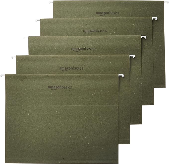 Amazon Basics Hanging File Folders with Adjustable Tabs, Sturdy Expandable Document Organizer, Letter Size 8.5x11 inch, Green, 25-Pack