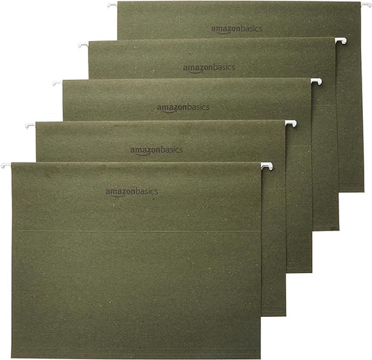 Amazon Basics Hanging File Folders with Adjustable Tabs, Sturdy Expandable Document Organizer, Letter Size 8.5x11 inch, Green, 25-Pack