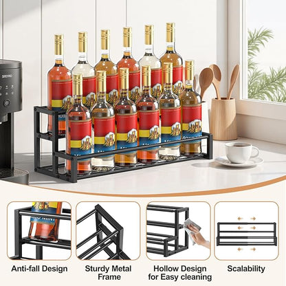 Expandable Coffee Syrup Organizer, Heavy Duty Syrup Rack Enlarged 6-12 Bottles Syrup Stand for Coffee Bar Accessories, Width Adjustable Space-Saving Storage Coffee Rack for Syrup, Wine